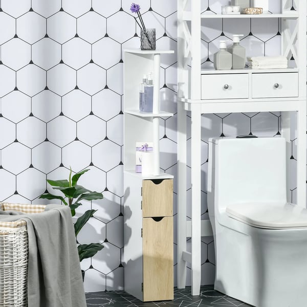 Badrumsskåp - Högskåp - 2 Dörrar - 2 Öppna Hyllor - 15,2 × 29,8 × 118 cm - Montering Krävs - MDF med Trädekor-Melamin - Vit/Beige Trälook