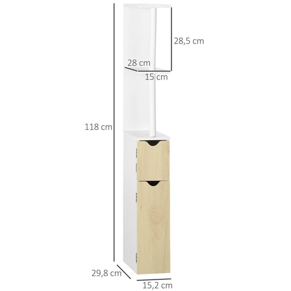 Badrumsskåp - Högskåp - 2 Dörrar - 2 Öppna Hyllor - 15,2 × 29,8 × 118 cm - Montering Krävs - MDF med Trädekor-Melamin - Vit/Beige Trälook