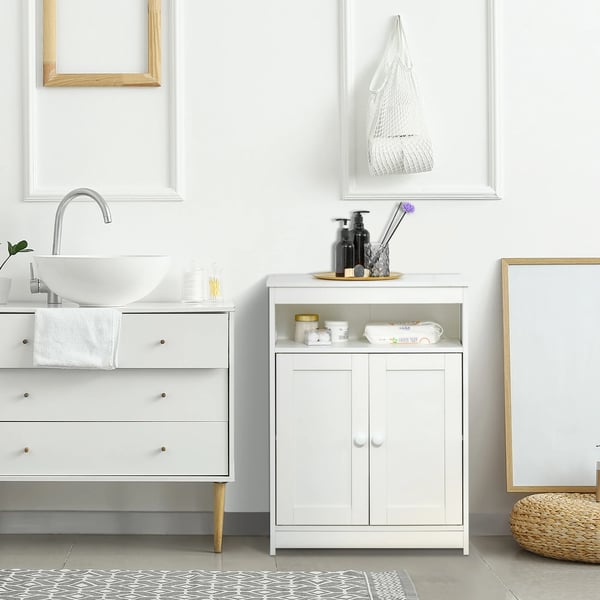 Förvaringsskåp - Golvskåp - 2 dörrar - Justerbar hylla - Fristående - 60×30×80 cm - För Vardagsrum - Vit