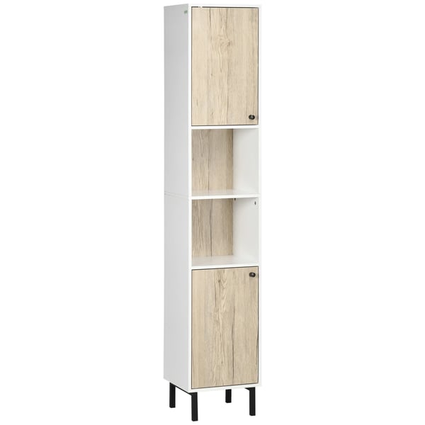 Badrumsskåp - Högskåp - 2 Dörrar - 6 Hyllor - 31,5 x 30 x 169 cm - Melamin & Stål - Vit och Ek