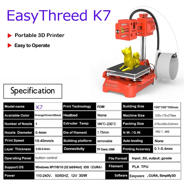 Mini 3D‑printer til børn, desktop, 100×100×100 mm, uden opvarmet byggeplade, One‑Touch, TF‑kort, PLA, orange