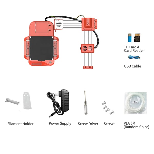 Mini 3D‑printer til børn, desktop, 100×100×100 mm, uden opvarmet byggeplade, One‑Touch, TF‑kort, PLA, orange