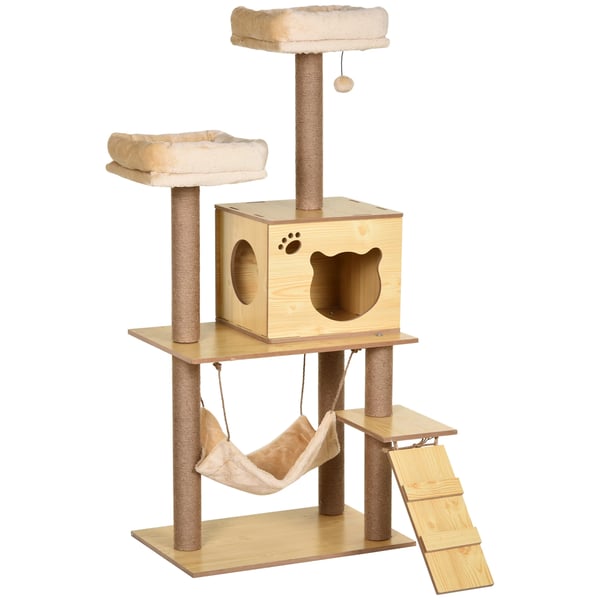 Katträd - Klösträd - 130 cm Höjd - 5 Nivåer - 2 Bäddar - Jutestolpar - 60x40 cm - Gul