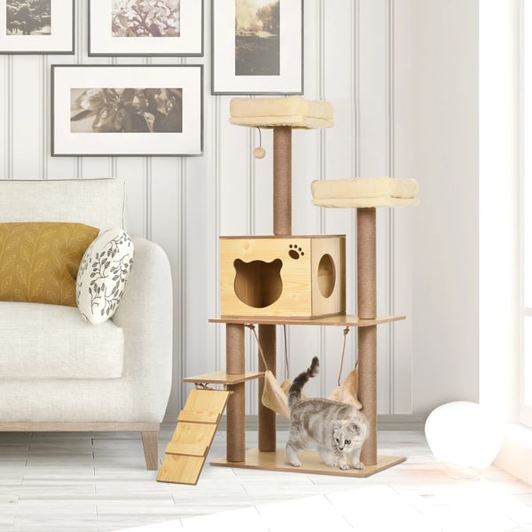 Katträd - Klösträd - 130 cm Höjd - 5 Nivåer - 2 Bäddar - Jutestolpar - 60x40 cm - Gul