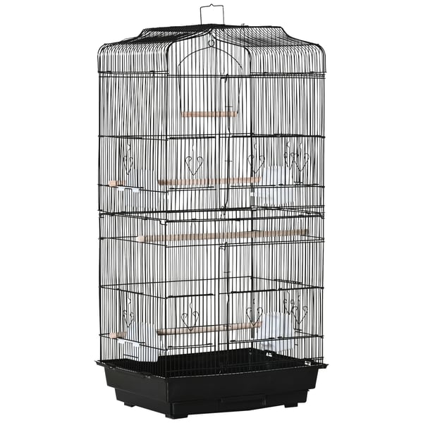 Fågelbur - Med matningsluckor och utdragbar bricka - 46,5x35,5x92 cm - Metall/Trä/Polystyren - Svart