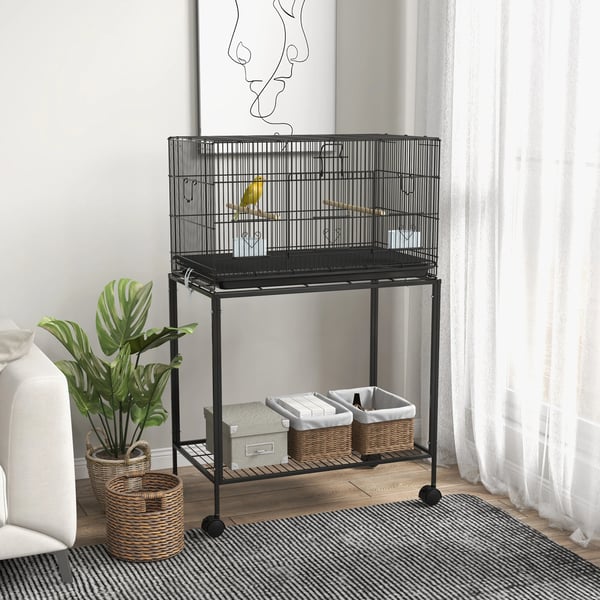 Fågelbur - Med hjul - Stål - Utdragbar bottenbricka - 77×46×119 cm - Svart