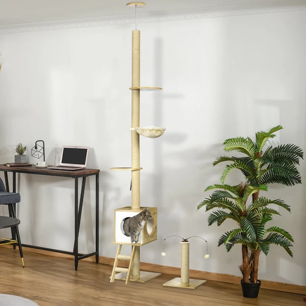Golv-till-tak kattklösträd - Kattträd - Höjd 285 cm - Bottenplatta 40x40 cm - 5+ nivåer - Plysch & jute-klöspelare - Beige