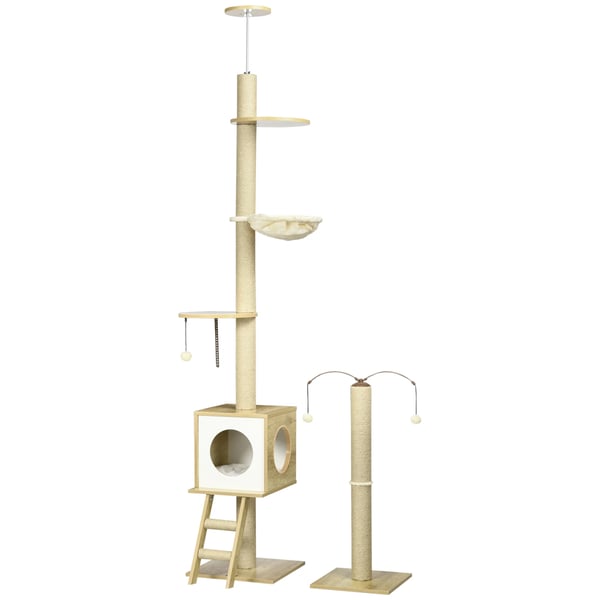 Golv-till-tak kattklösträd - Kattträd - Höjd 285 cm - Bottenplatta 40x40 cm - 5+ nivåer - Plysch & jute-klöspelare - Beige