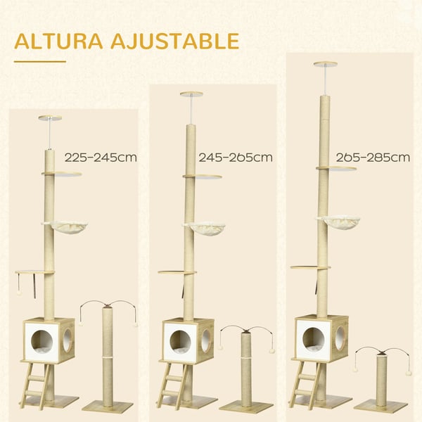 Golv-till-tak kattklösträd - Kattträd - Höjd 285 cm - Bottenplatta 40x40 cm - 5+ nivåer - Plysch & jute-klöspelare - Beige