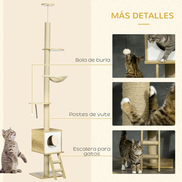 Golv-till-tak kattklösträd - Kattträd - Höjd 285 cm - Bottenplatta 40x40 cm - 5+ nivåer - Plysch & jute-klöspelare - Beige
