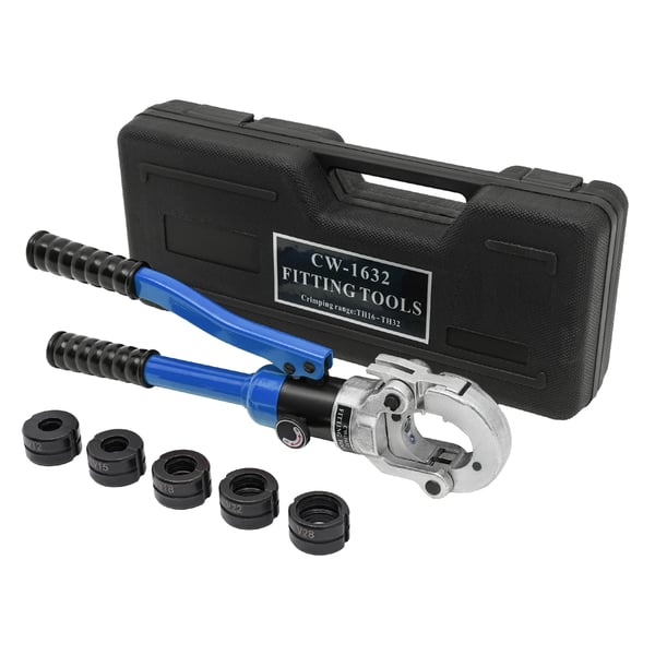 Hydrauliset puristuspihdit - CW-1632 - Manuaalinen - 360° kääntyvä pää - 5 leukasarjaa - V-profiili - Sininen/musta
