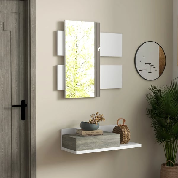Hall- och entrémöbelset - 2-delad spegel och hylla - MDF & glas - Minimalistisk modern - 75x3,5x75 cm & 75x30,5x20 cm - Montering krävs - Vit