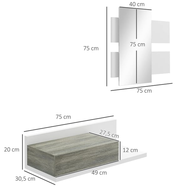 Hall- och entrémöbelset - 2-delad spegel och hylla - MDF & glas - Minimalistisk modern - 75x3,5x75 cm & 75x30,5x20 cm - Montering krävs - Vit