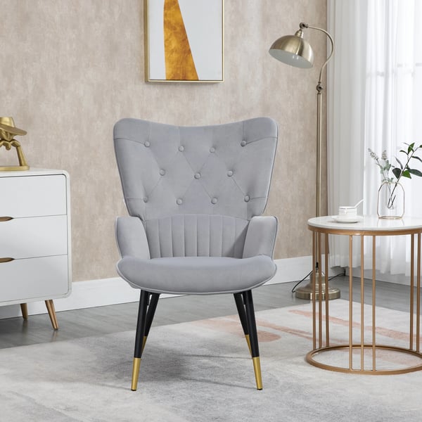 Fåtölj i sammet - Vardagsrumsfåtölj - Hög Rygg - 68×72×103 cm - Stålben - Ljusgrå