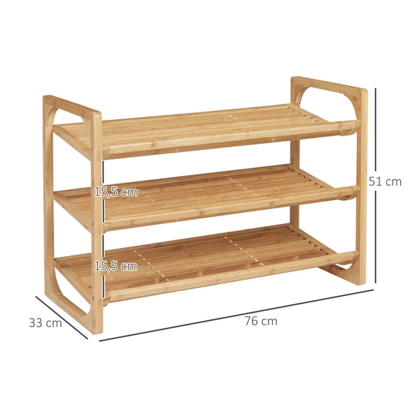 Skohylla - 3 våningar - Bambu - För 9 par skor - 76x33x51 cm - Natur