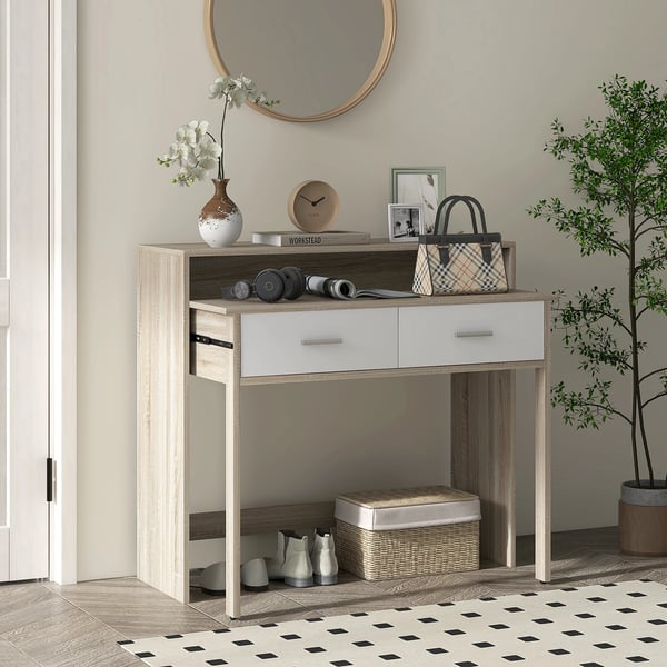 Konsolbord - Hallbord - 2 Nivåer - Lådor Med Skjutbeslag - Melaminbelagt Trä - 95x35x87 cm - Ek