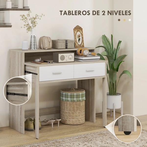 Konsolbord - Hallbord - 2 Nivåer - Lådor Med Skjutbeslag - Melaminbelagt Trä - 95x35x87 cm - Ek