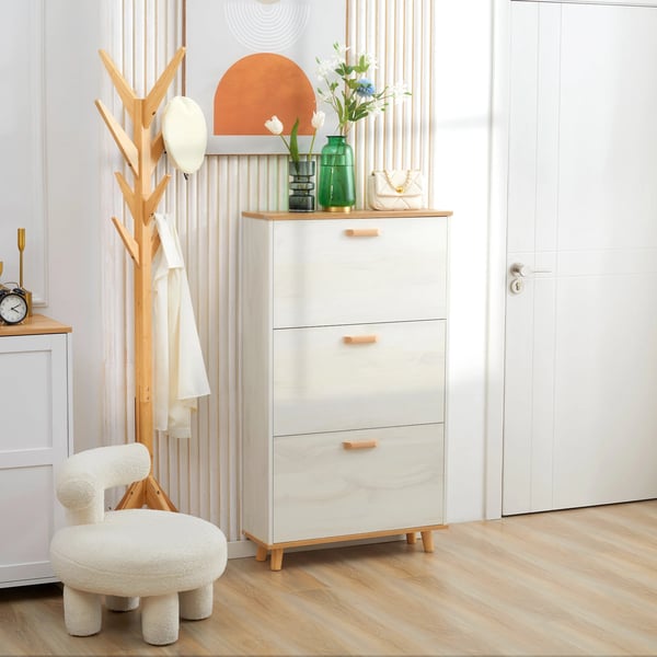 Skoskåp - Skoförvaring - 3 fällbara fack - För 12 par - 70 x 23,5 x 122 cm - Melaminbelagt trä - Vit
