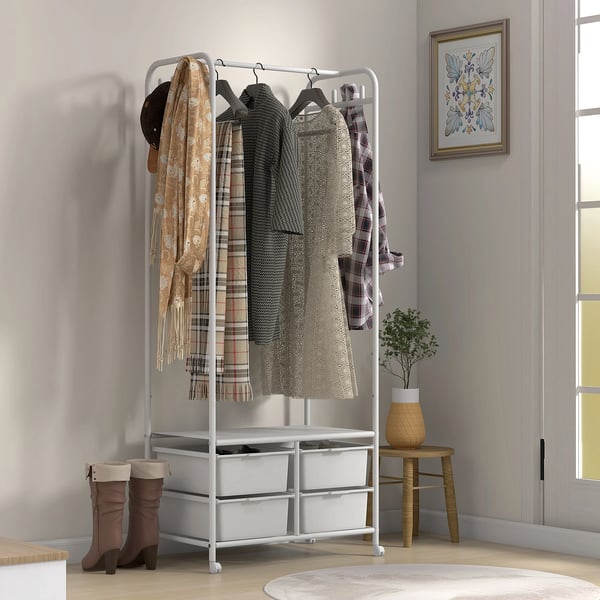 Hallgarderob - Klädhängare med skoställ - 8 krokar - 4 korgar - Stål & PP-plast - 63x37x153 cm - Modern stil - Vit