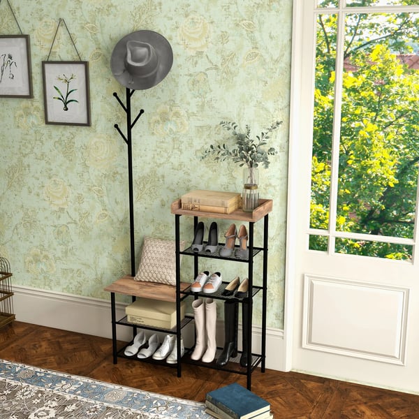 Klädställ - Hallmöbel med Skohylla - 5 Hyllor - Stålram - 92,5 x 28,2 x 182 cm - Rustik Brun