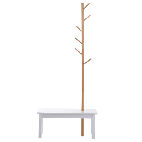 Klädställ med bänk - Fristående hallmöbel - Trädformad design - 6 krokar - Bambu - 80x30x180 cm - Montering krävs - Vit