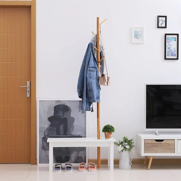 Klädställ med bänk - Fristående hallmöbel - Trädformad design - 6 krokar - Bambu - 80x30x180 cm - Montering krävs - Vit