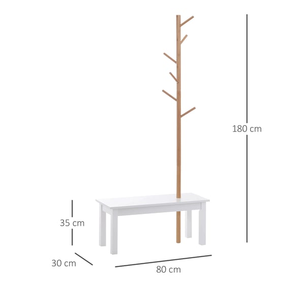 Klädställ med bänk - Fristående hallmöbel - Trädformad design - 6 krokar - Bambu - 80x30x180 cm - Montering krävs - Vit