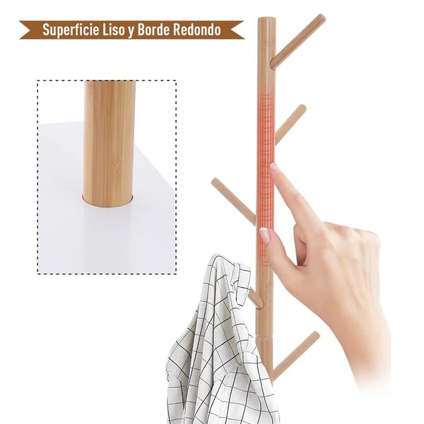 Klädställ med bänk - Fristående hallmöbel - Trädformad design - 6 krokar - Bambu - 80x30x180 cm - Montering krävs - Vit