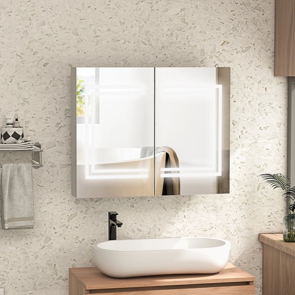 Badrumsskåp - Spegelskåp med LED-belysning - 80×15×65 cm - Självmontering - Renvit