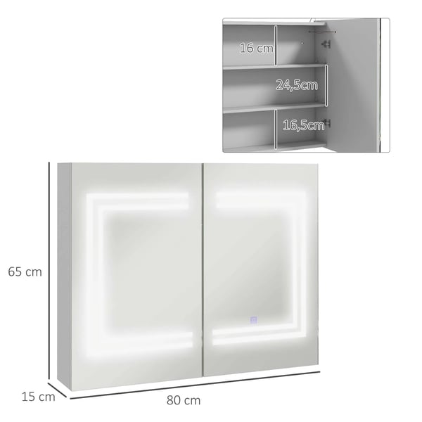 Badrumsskåp - Spegelskåp med LED-belysning - 80×15×65 cm - Självmontering - Renvit