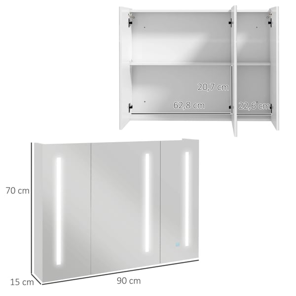 Spegelskåp för badrum - LED-belysning - 90x15x70 cm - Klarvit - Montering krävs