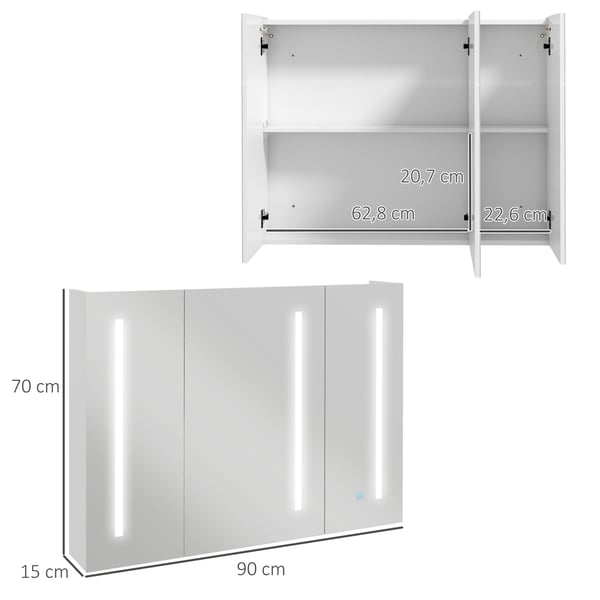Spegelskåp för badrum - LED-belysning - 90x15x70 cm - Klarvit - Montering krävs