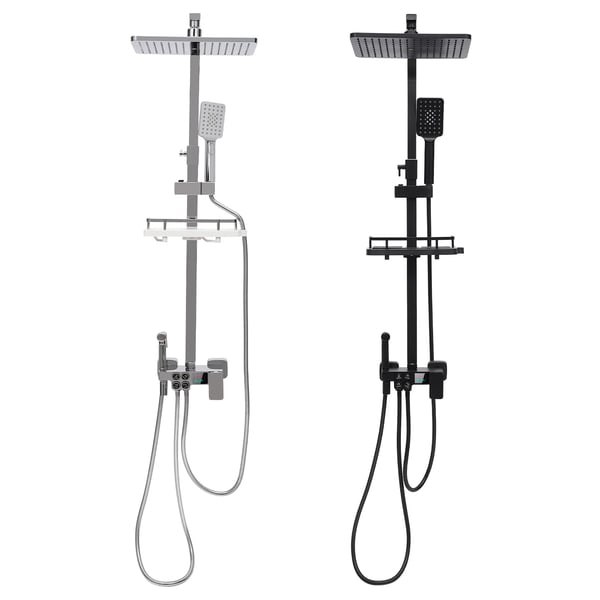 Brusesæt - Brusearmatur - Firkantet brusehoved - 4 funktioner - Højdejusterbar 70–115 cm - Montering - Lys sølv
