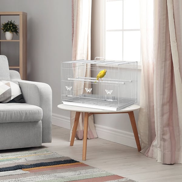 Fågelbur - Rostfritt stål - 60×41×41 cm - Foderskålar och 2 sittpinnar - Svart