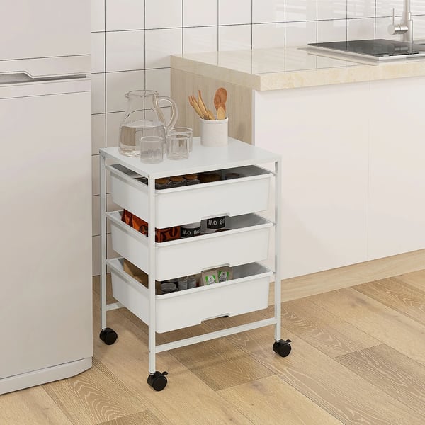 Rullvagn - Förvaringsvagn - 3 Korgar - Med Hjul - 40,8×33,5×60,5 cm - Montering Krävs - Vit