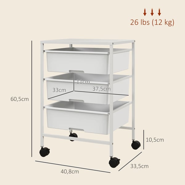 Rullvagn - Förvaringsvagn - 3 Korgar - Med Hjul - 40,8×33,5×60,5 cm - Montering Krävs - Vit