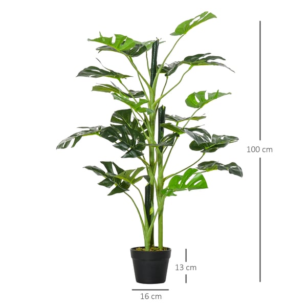 Konstgjord Monstera - Krukväxt - 100 cm Hög - 21 Blad - Dekorativ Kruka Ø16 cm - Plast - För Utomhus - Bonsai-Stil