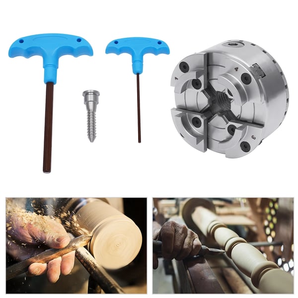 KP96 4-klo selvcentrerende spændepatron, til trædrejebænk M33, 96–125 mm spændvidde, 3000 rpm, 2 nøgler, sølv