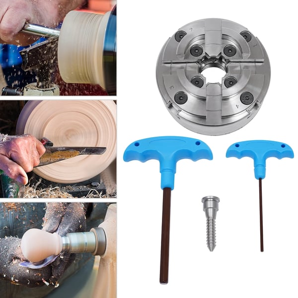 KP96 4-klo selvcentrerende spændepatron, til trædrejebænk M33, 96–125 mm spændvidde, 3000 rpm, 2 nøgler, sølv