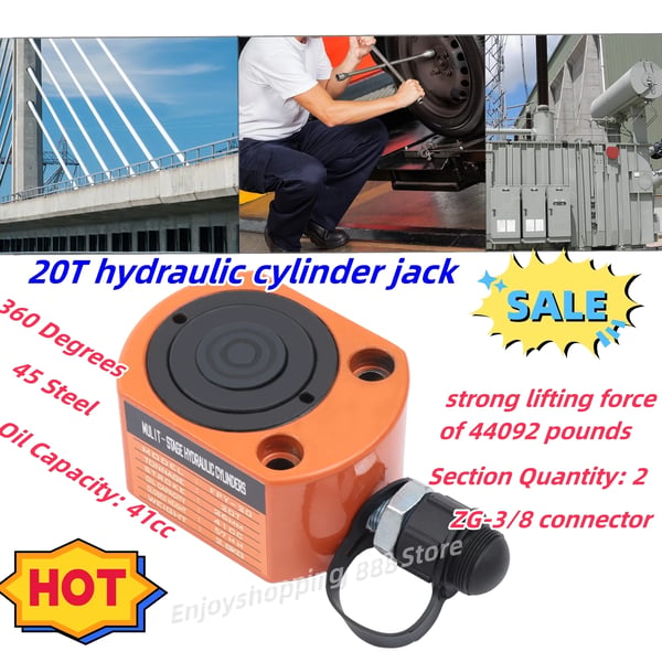 Hydraulisk cylinder donkraft - FRY-20 - 20 ton kapacitet - Lav profil - Fler-virkende - Til bil, maskineri, skibsbyggeri - Orange