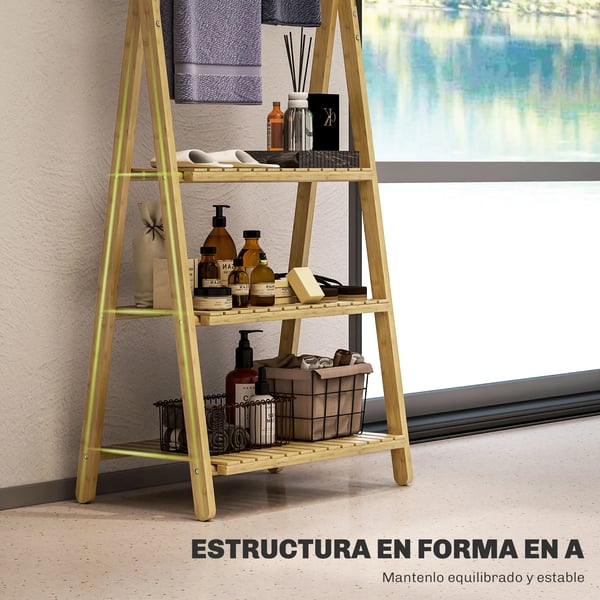 Badrumshylla - Bambu - 3 Hyllplan med Stänger - 53,5×30×53 cm - Montering krävs - Natur