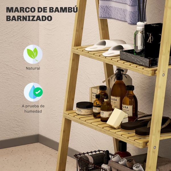 Badrumshylla - Bambu - 3 Hyllplan med Stänger - 53,5×30×53 cm - Montering krävs - Natur