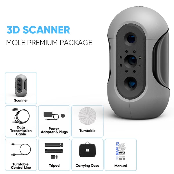 3DMakerpro Mole, håndholdt 3D-scanner til 3D-printere, 0,05 mm nøjagtighed, 0,1 mm opløsning, 10 FPS, scanner sorte objekter, Primary