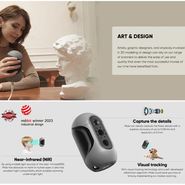 3DMakerpro Mole, håndholdt 3D-scanner til 3D-printere, 0,05 mm nøjagtighed, 0,1 mm opløsning, 10 FPS, scanner sorte objekter, Primary