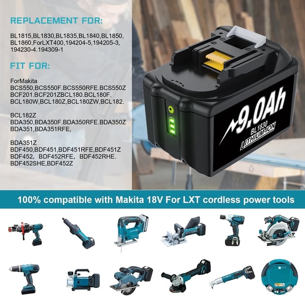 Til Makita BL1830/BL1860, 18V Li-ion erstatningsbatteri 18650, 6,0Ah til skruemaskiner, blå