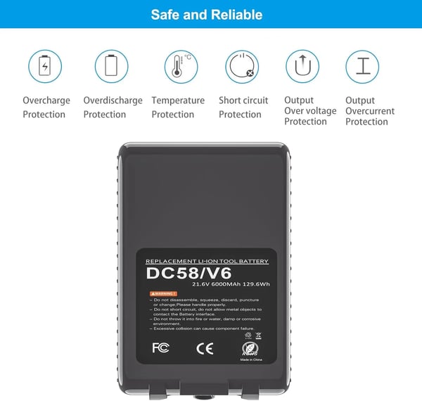 V6 erstatningsbatteri til Dyson, 18650 Li‑ion, 21,6 V 6000 mAh, kompatibel med DC58/DC62, himmelblå