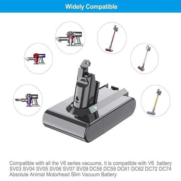 V6 erstatningsbatteri til Dyson, 18650 Li‑ion, 21,6 V 6000 mAh, kompatibel med DC58/DC62, himmelblå