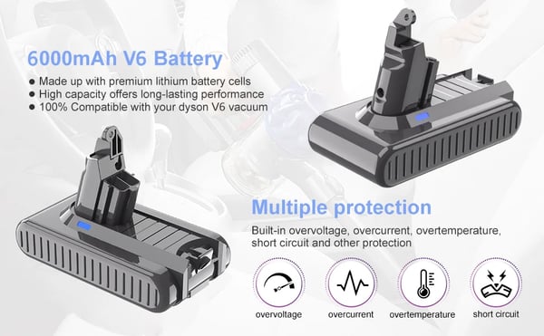 V6 erstatningsbatteri til Dyson, 18650 Li‑ion, 21,6 V 6000 mAh, kompatibel med DC58/DC62, himmelblå