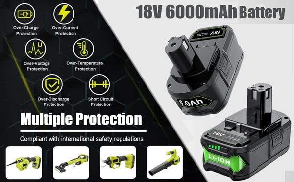 Sort batteri til RYOBI One+ 18V, Li-ion 6Ah erstatningsbatteri, kompatibel med P108 P104 P107 RB18L50 RB18L20