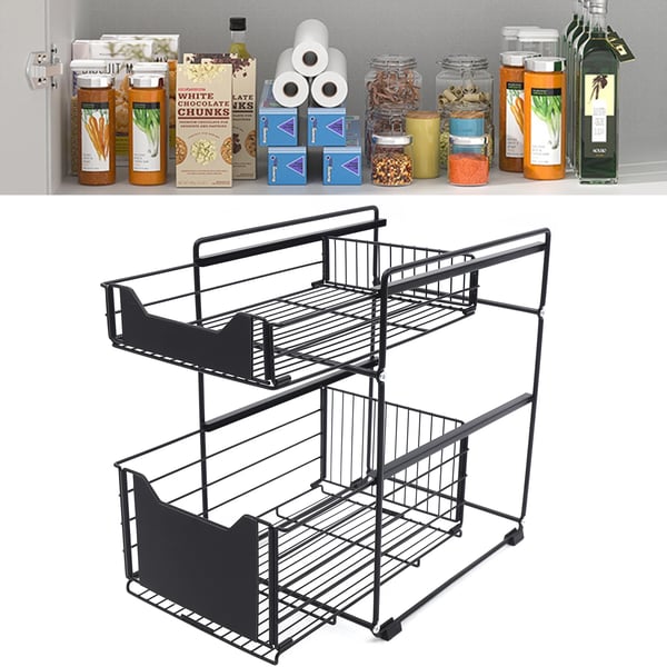 Altaankaappiin Järjestin - 2-Tasoinen Liukuva Kori - Metalli - Mitat 37,4×28,2×44 cm - Keittiöön/Kylpyhuoneeseen - Musta